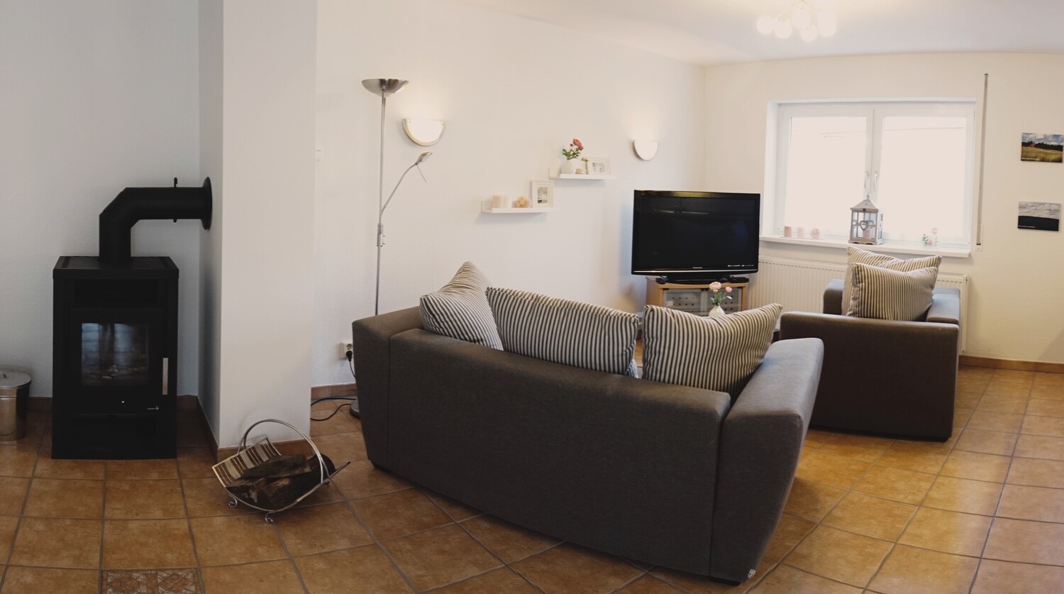 Wohnbereich mit Holzkamin und Fernseher